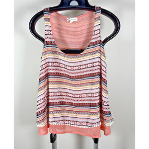 About a Girl Layered Boho Aztec Peach Polka Dot Pom Pom Hem Tank Striped Sz XS